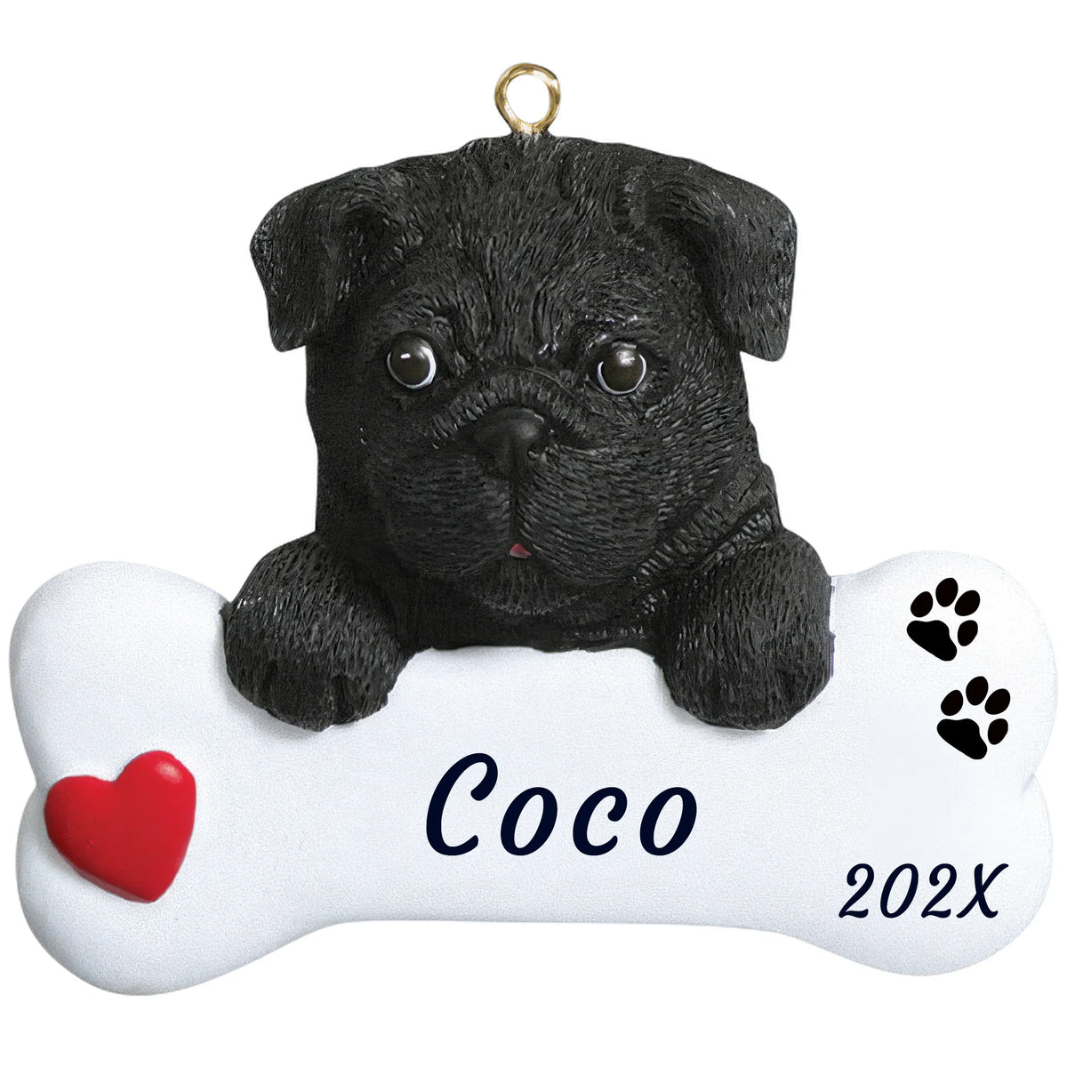 Personalized black pug dog bone Christmas ornament, a wrinkly black pug peeking over a white bone, red heart, name and year