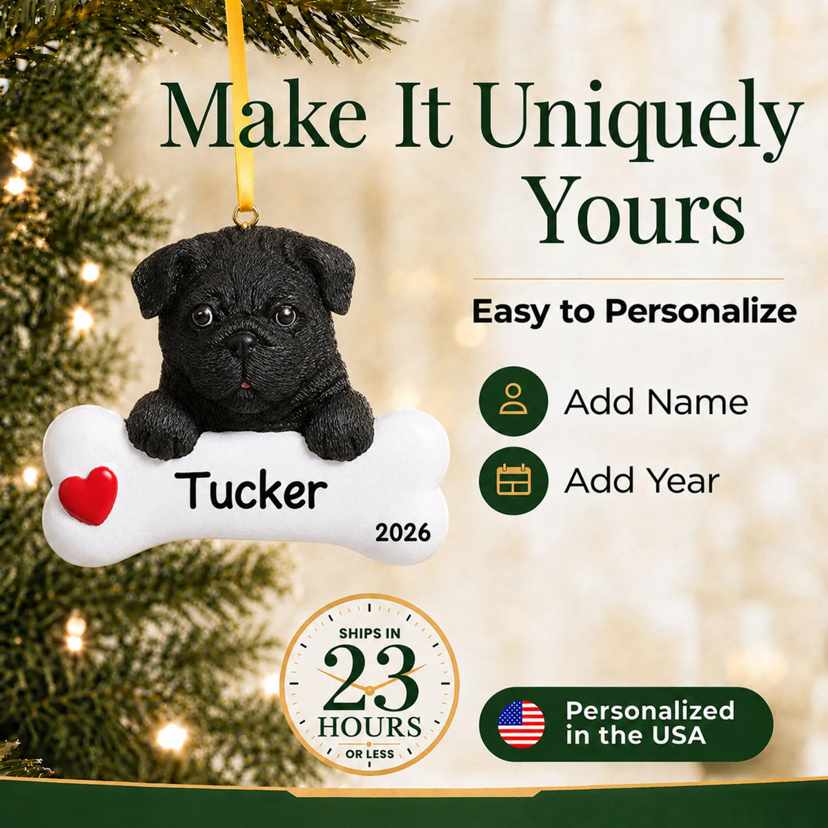 Personalized black pug Christmas ornament with name and year options, ships in 23 hours, made in the USA