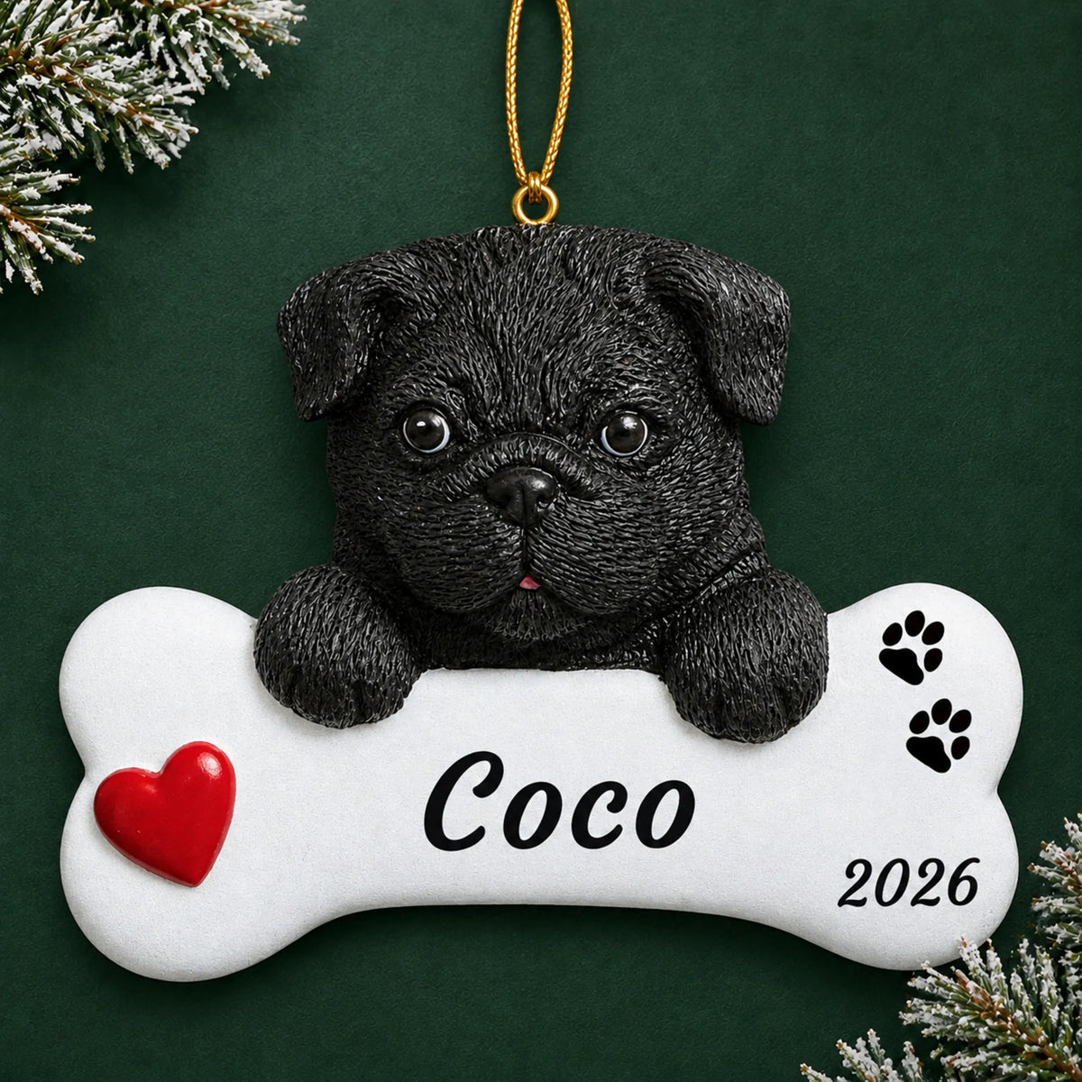 Personalized Black Pug Dog Bone christmas ornament on a dark green pine background