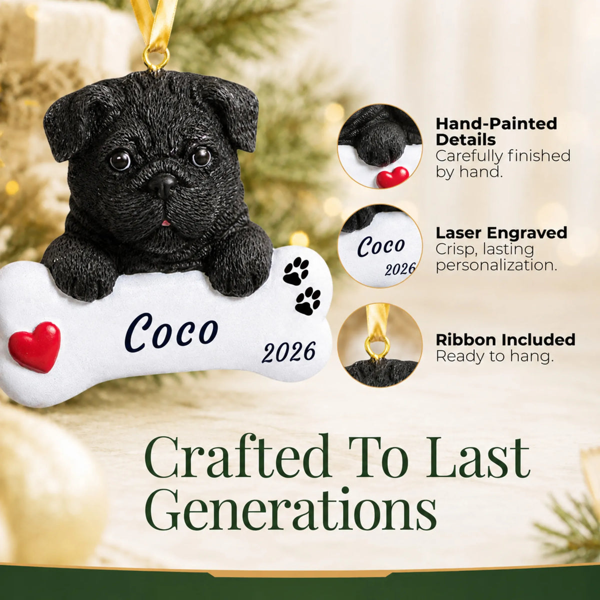 Hand-painted, laser engraved Black Pug Dog Bone christmas ornament, ribbon included
