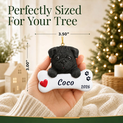 Size guide: the personalized Black Pug Dog Bone christmas ornament is 3.50 in wide by 3.00 in tall, shown in hand