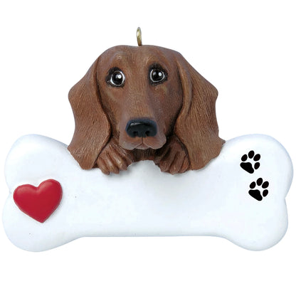Personalized dachshund dog bone Christmas ornament shown blank, ready for your dog's name and year