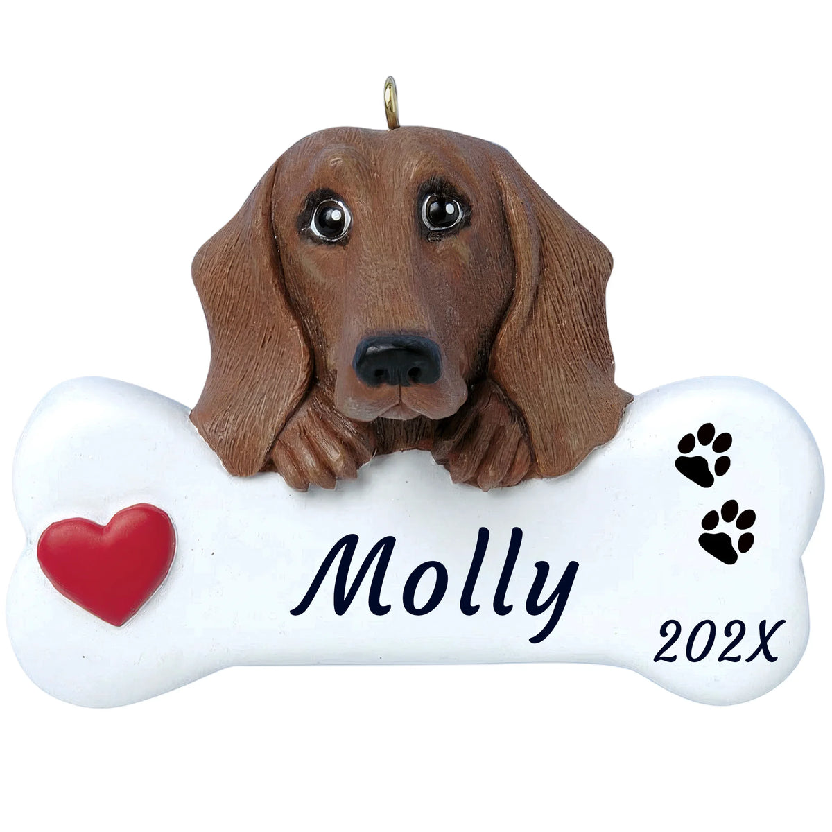 Personalized dachshund dog bone Christmas ornament, a red doxie with long ears on a white bone, red heart, name and year