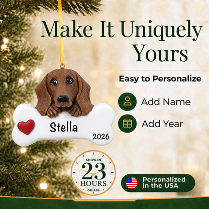 Personalized dachshund Christmas ornament with name and year options, ships in 23 hours, made in the USA