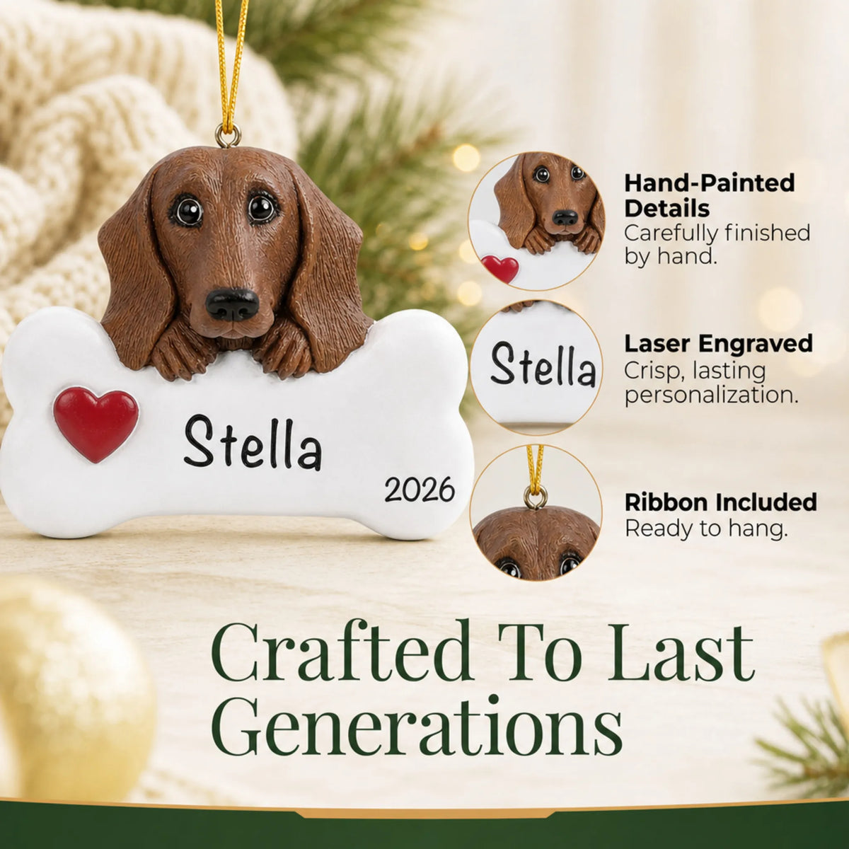 Close-up of the personalized dachshund Christmas ornament showing hand-painted details and laser engraving