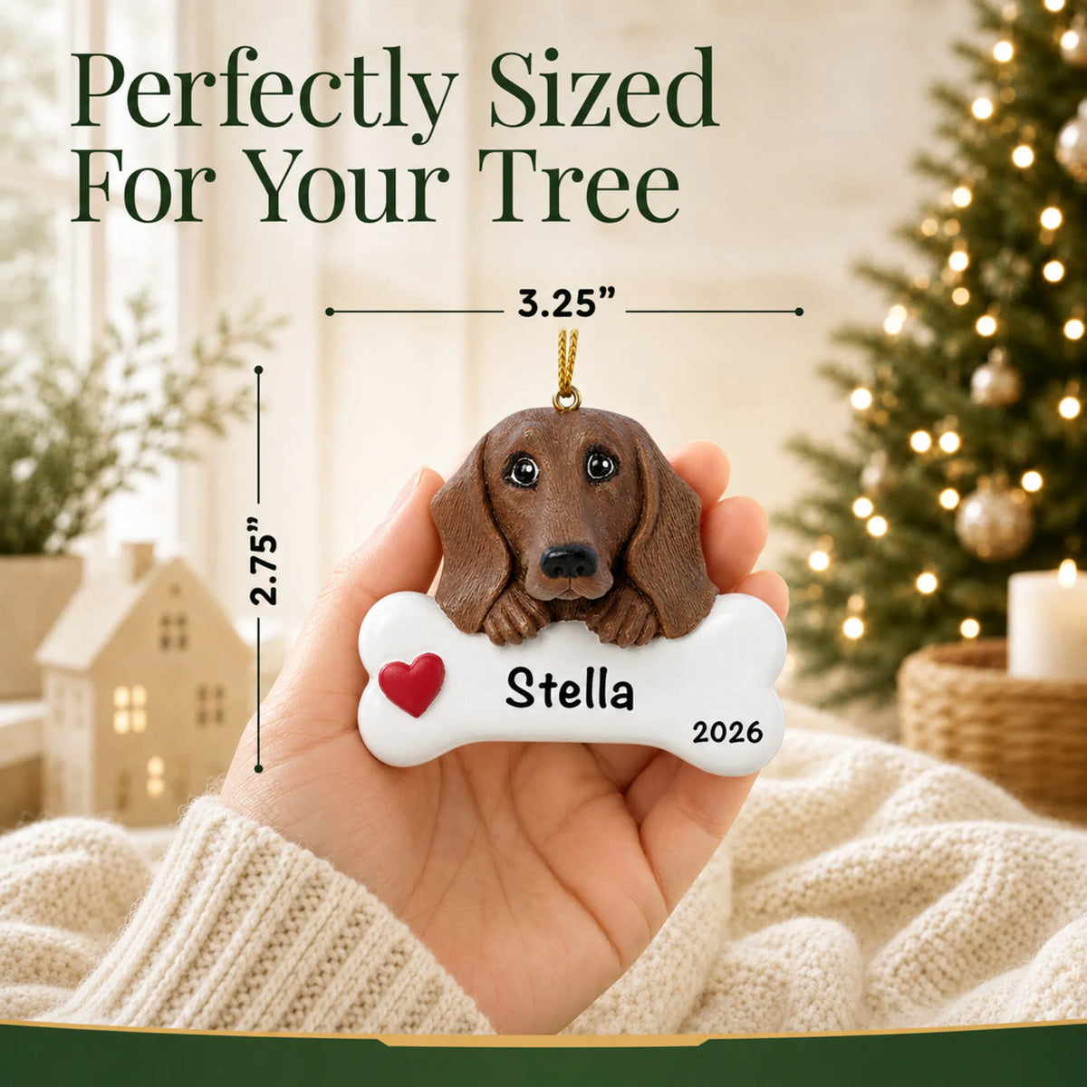 Hand holding the personalized dachshund Christmas ornament to show its 3.25 inch width