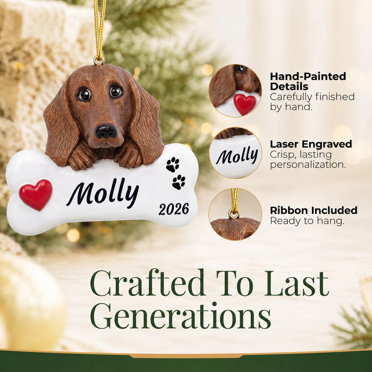 Hand-painted, laser engraved Dachshund Dog Bone christmas ornament, ribbon included