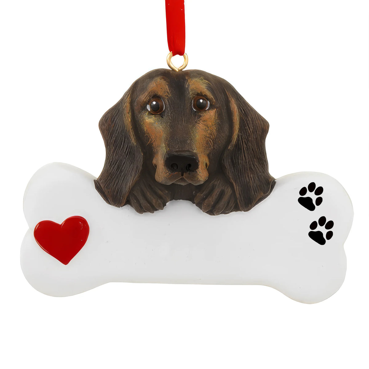 Personalized black and tan dachshund dog bone Christmas ornament shown blank, ready for your dog's name and year