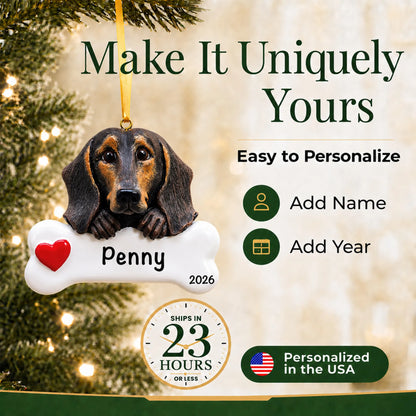 Personalized black and tan dachshund Christmas ornament with name and year options, ships in 23 hours, made in the USA