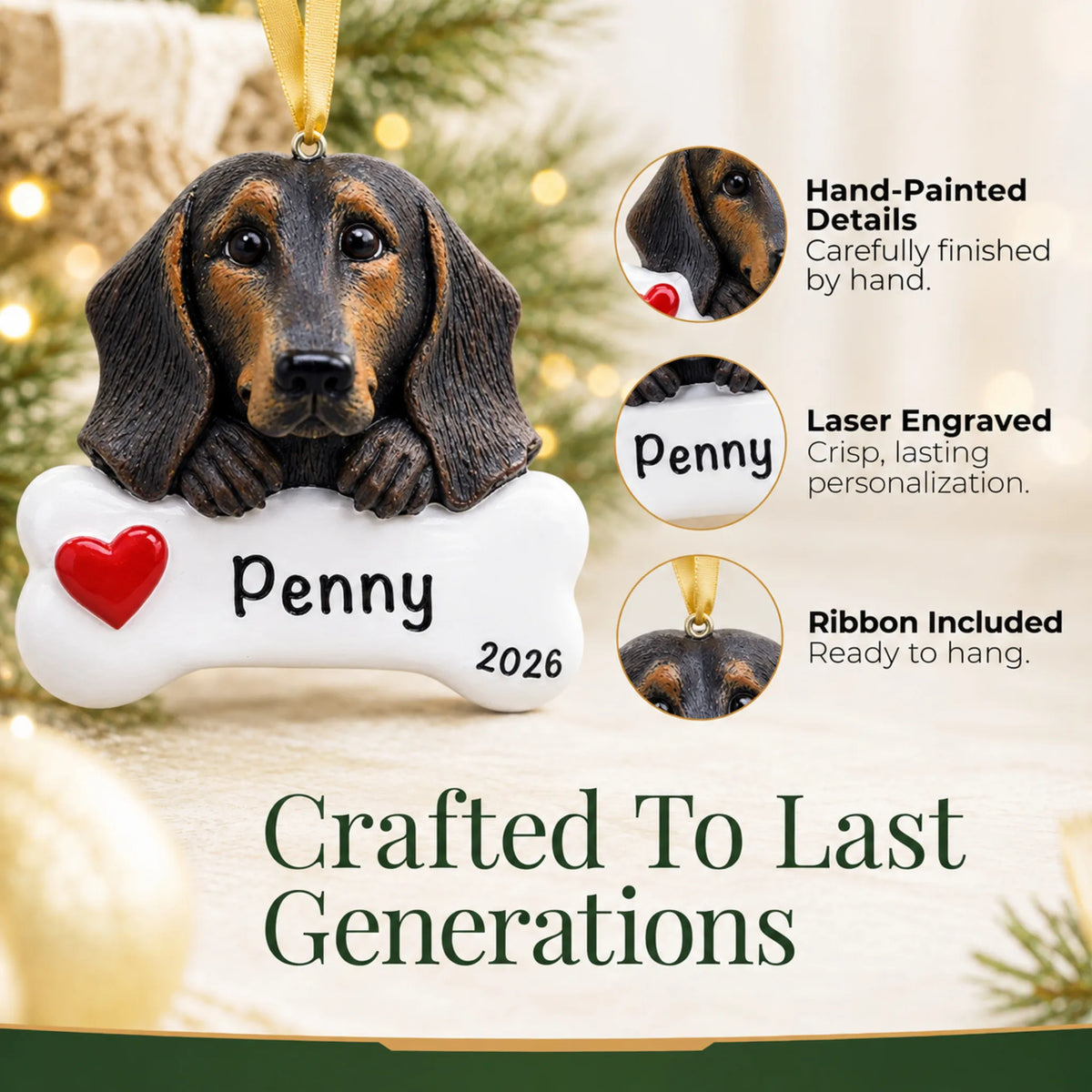 Close-up of the personalized black and tan dachshund Christmas ornament showing hand-painted details and laser engraving