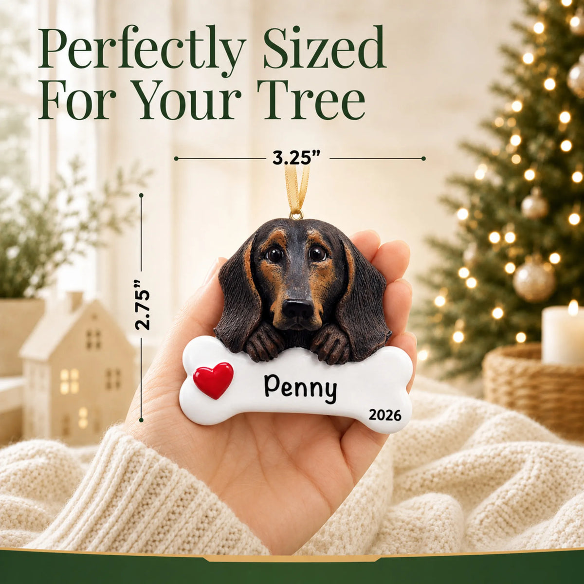 Hand holding the personalized black and tan dachshund Christmas ornament to show its 3.25 inch width