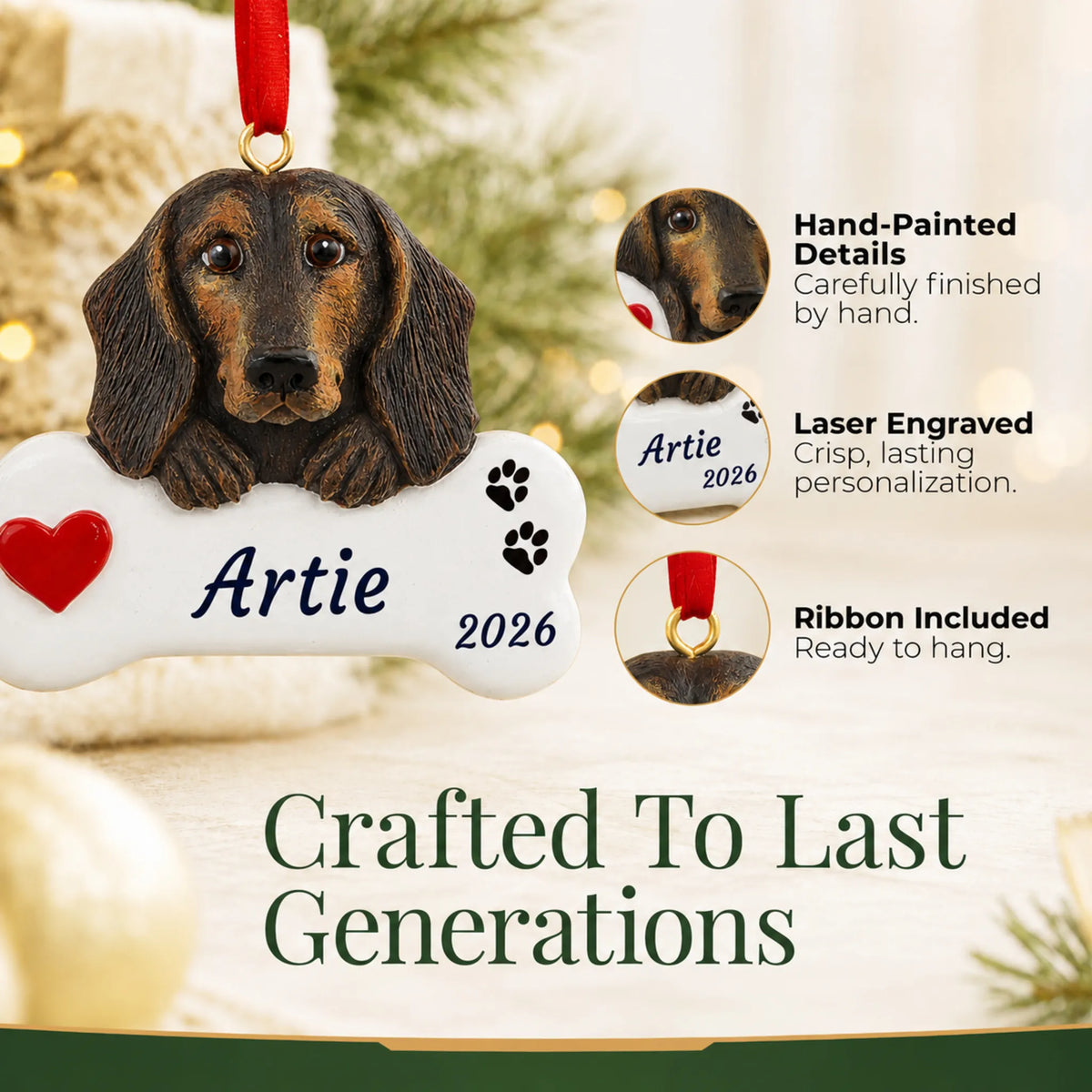 Hand-painted, laser engraved Black & Tan Dachshund Dog Bone christmas ornament, ribbon included