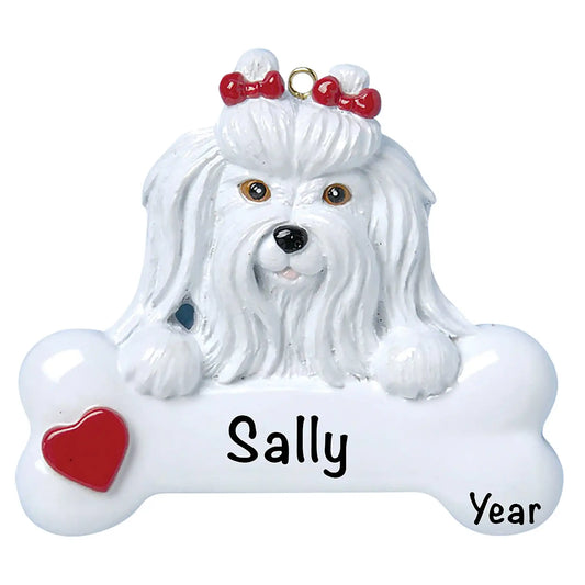 Maltese Dog Bone Christmas Ornament