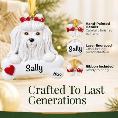 Close-up of the personalized Maltese Christmas ornament showing hand-painted details and laser engraving