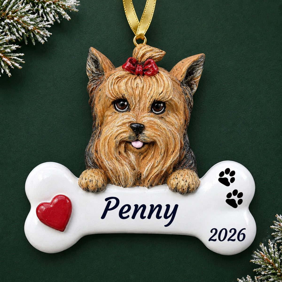 Personalized Yorkie Dog Bone christmas ornament on a dark green pine background
