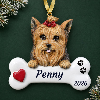 Personalized Yorkie Dog Bone christmas ornament on a dark green pine background
