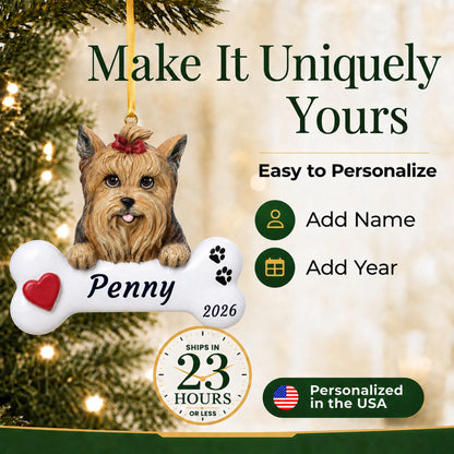 Make it yours: personalize the Yorkie Dog Bone christmas ornament with your dog's name and the year