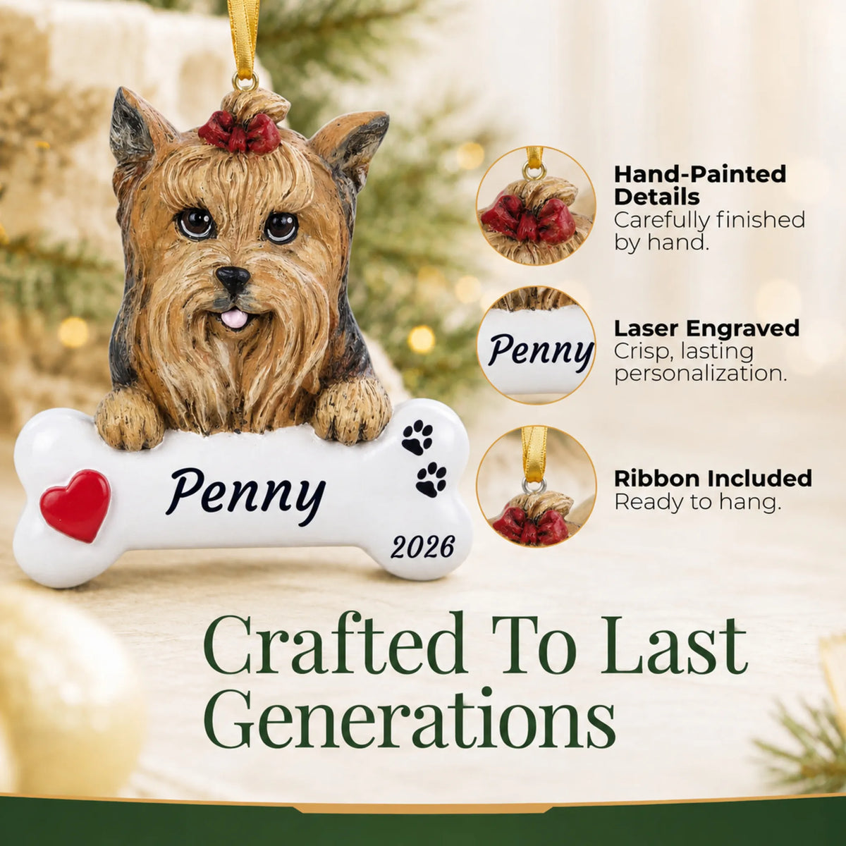 Hand-painted, laser engraved Yorkie Dog Bone christmas ornament, ribbon included