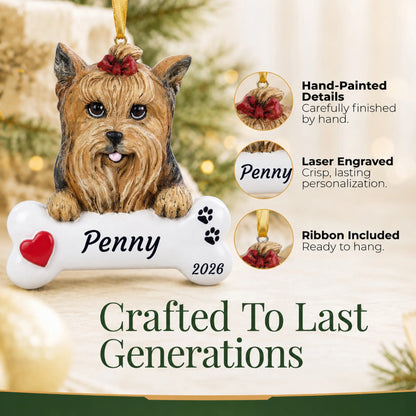 Hand-painted, laser engraved Yorkie Dog Bone christmas ornament, ribbon included