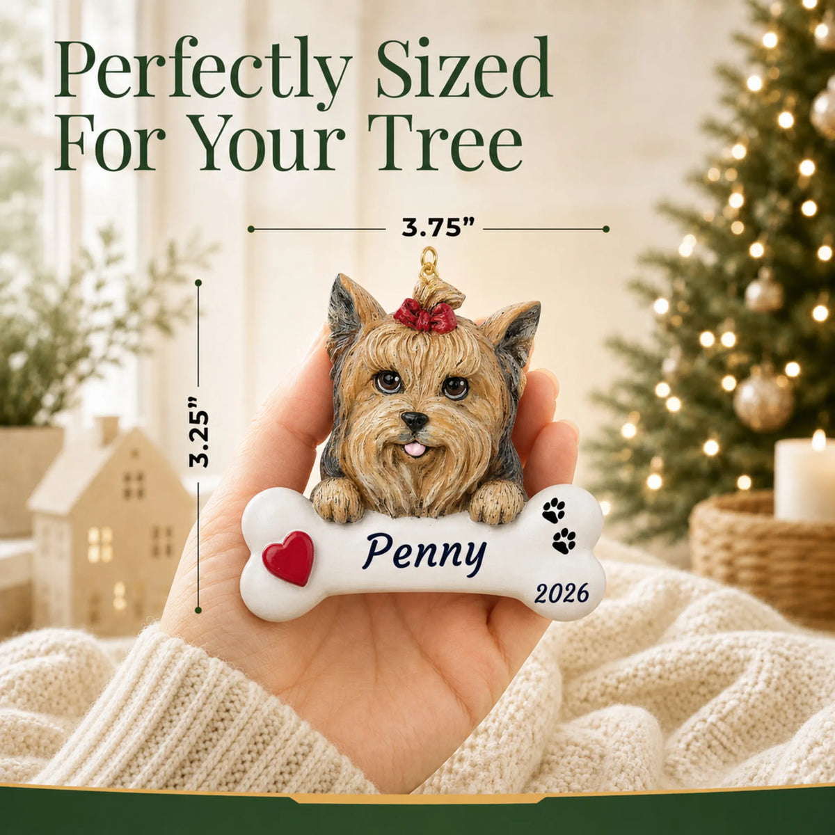 Size guide: the personalized Yorkie Dog Bone christmas ornament is 3.75 in wide by 3.25 in tall, shown in hand