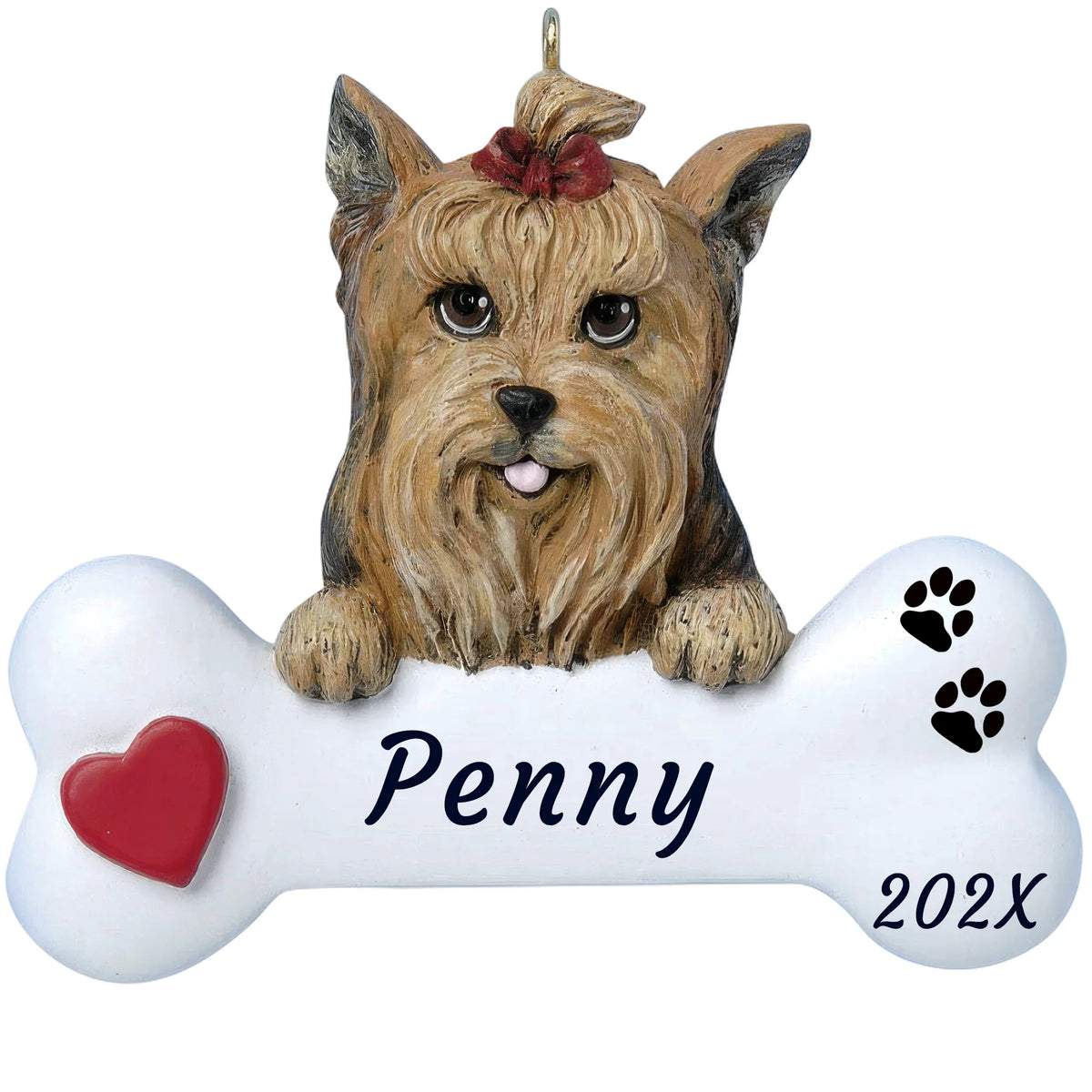 Personalized Yorkie dog bone Christmas ornament, a Yorkshire terrier with a red topknot bow over a white bone, name and year