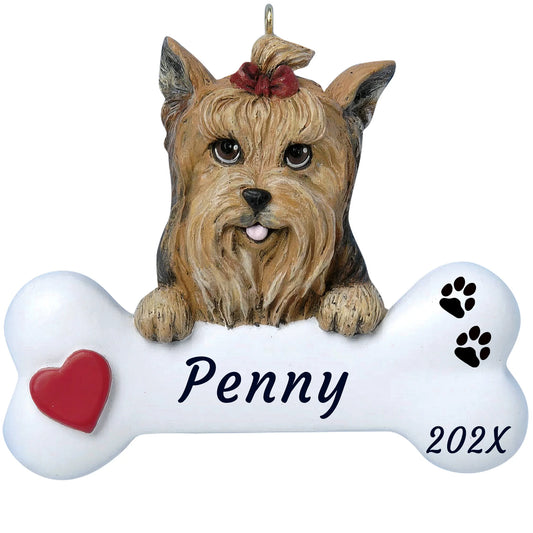 Personalized Yorkie dog bone Christmas ornament, a Yorkshire terrier with a red topknot bow over a white bone, name and year