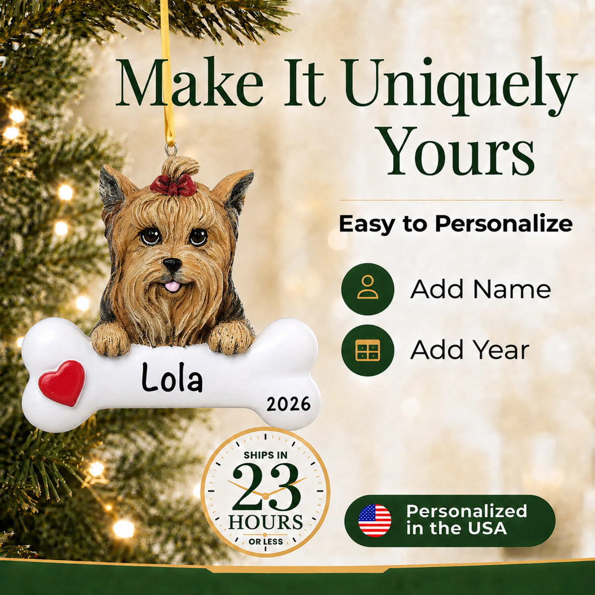 Personalized Yorkie Christmas ornament with name and year options, ships in 23 hours, made in the USA