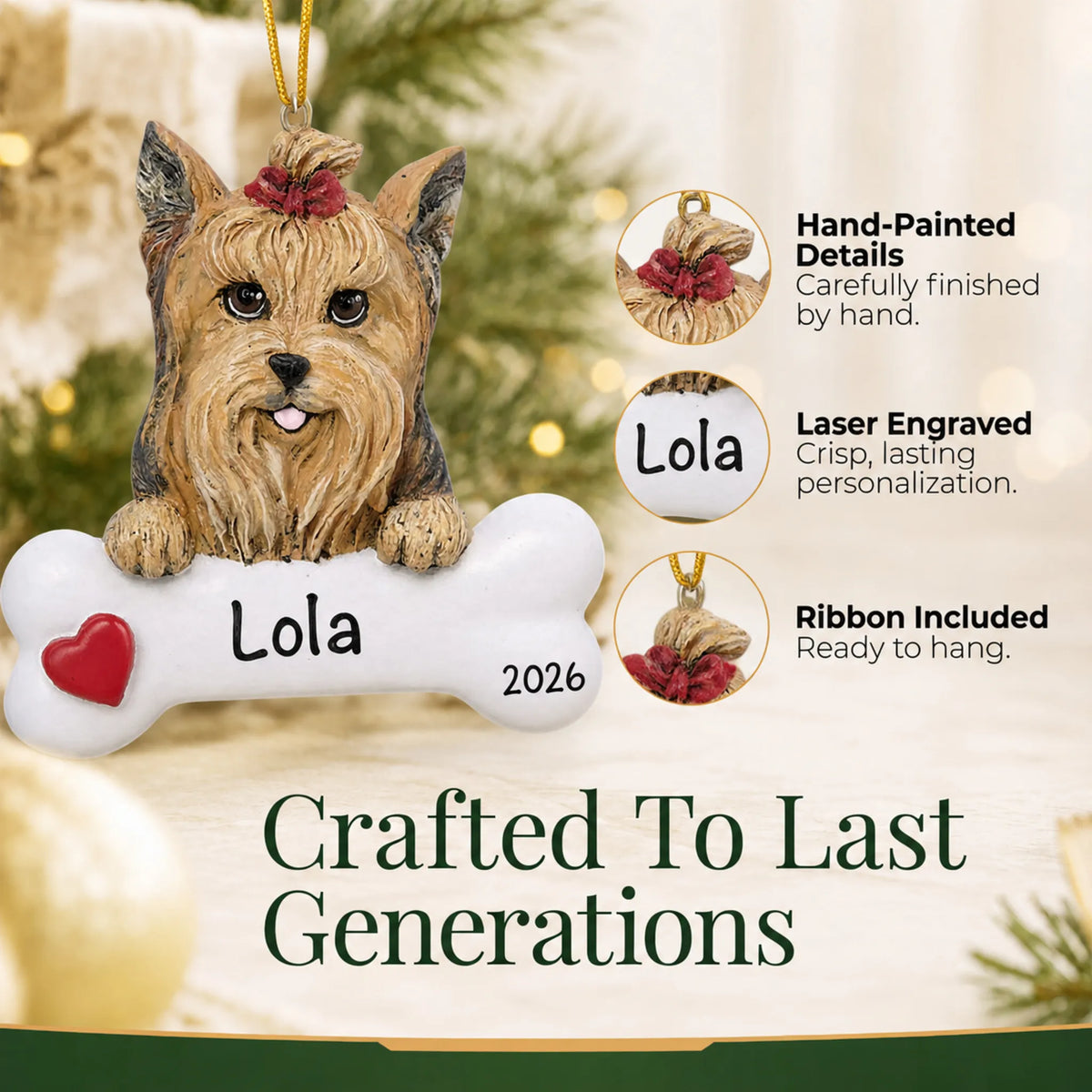 Close-up of the personalized Yorkie Christmas ornament showing hand-painted details and laser engraving