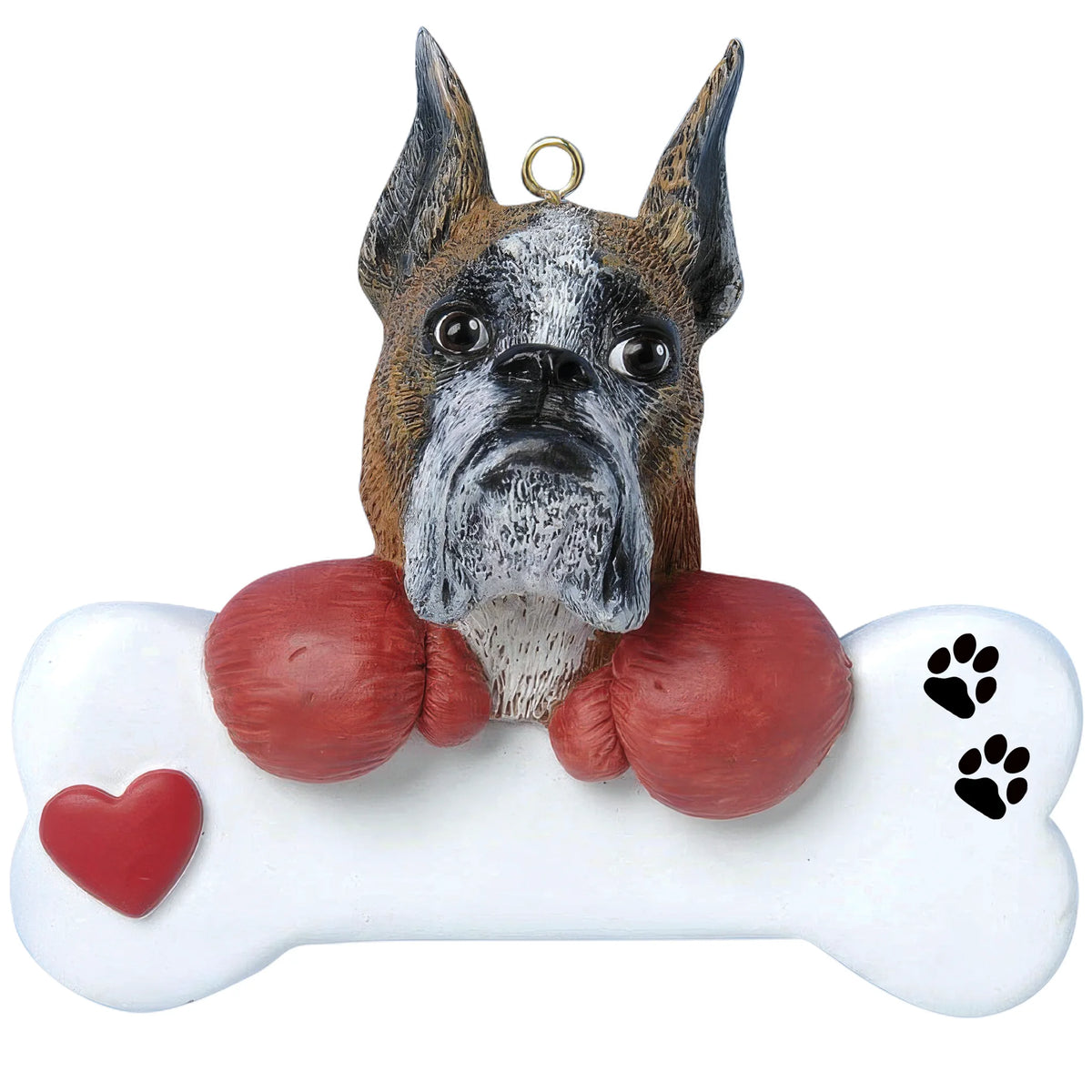 Personalized boxer dog bone Christmas ornament shown blank, ready for your dog's name and year