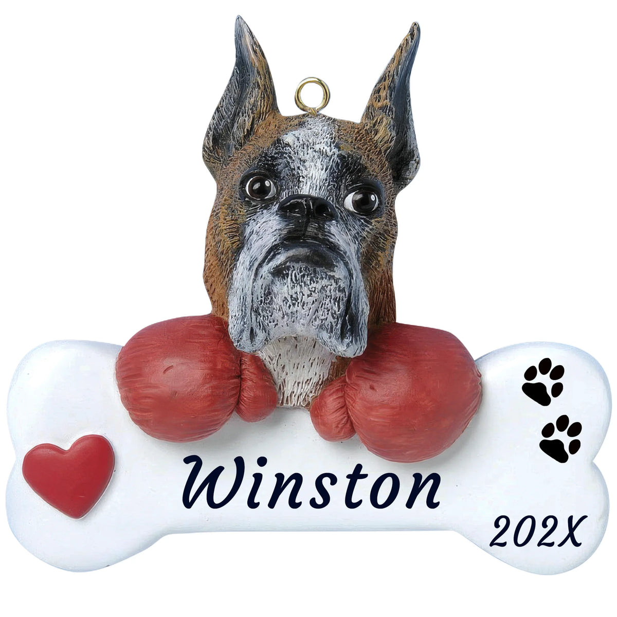 Personalized boxer dog bone Christmas ornament, a boxer in red boxing gloves on a white bone, red heart, name and year