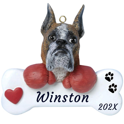 Personalized boxer dog bone Christmas ornament, a boxer in red boxing gloves on a white bone, red heart, name and year