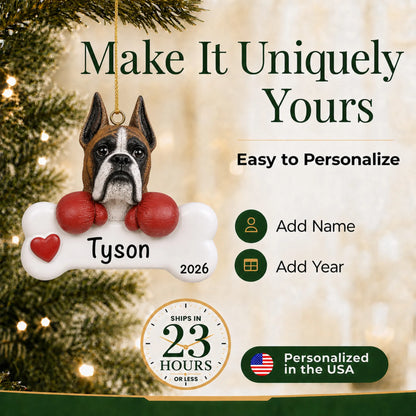 Personalized boxer Christmas ornament with name and year options, ships in 23 hours, made in the USA