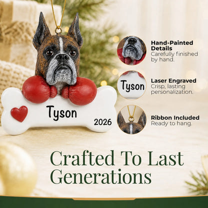 Close-up of the personalized boxer Christmas ornament showing hand-painted details and laser engraving