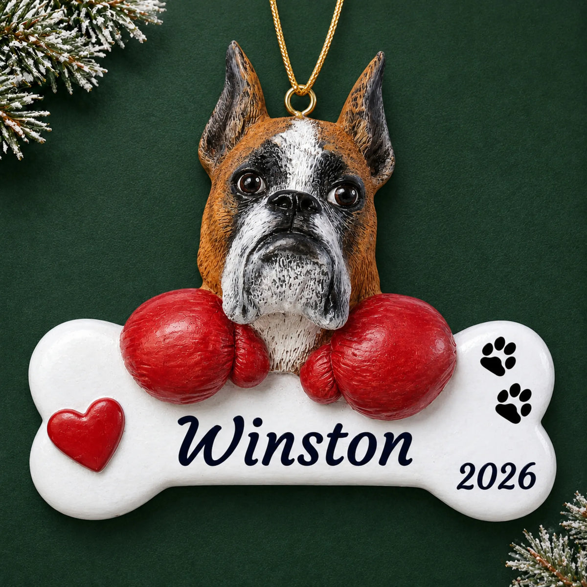 Personalized Boxer Dog Bone christmas ornament on a dark green pine background