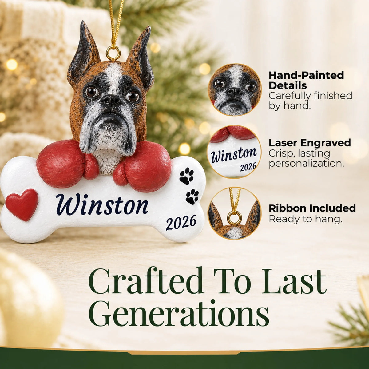 Hand-painted, laser engraved Boxer Dog Bone christmas ornament, ribbon included