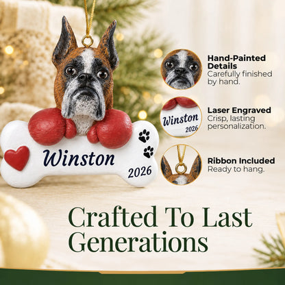 Hand-painted, laser engraved Boxer Dog Bone christmas ornament, ribbon included