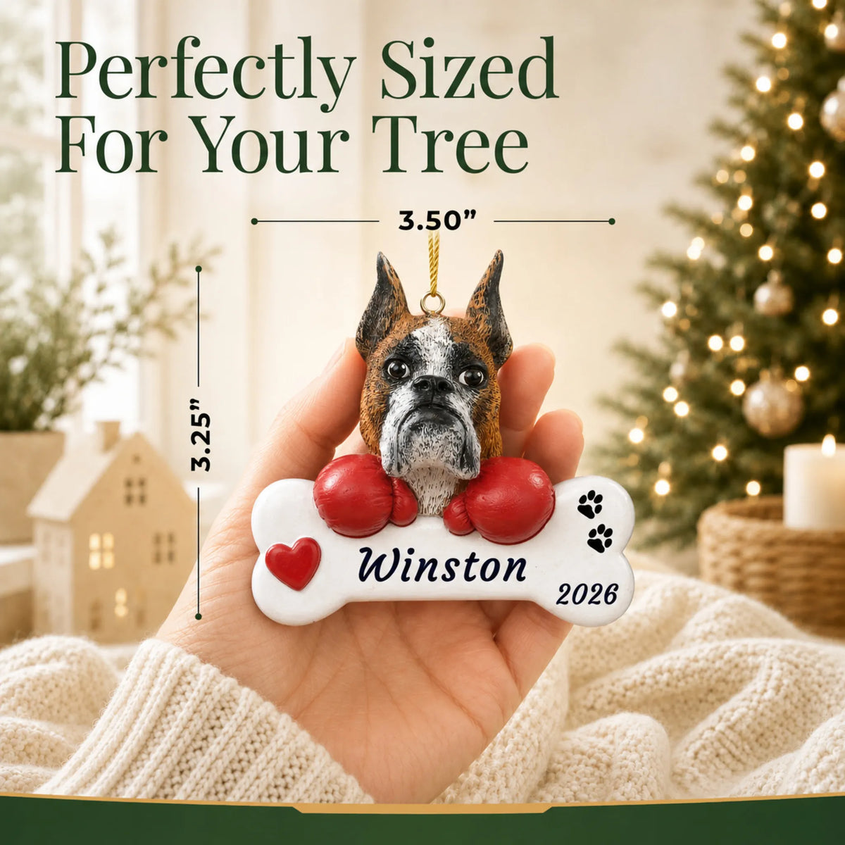 Size guide: the personalized Boxer Dog Bone christmas ornament is 3.50 in wide by 3.25 in tall, shown in hand