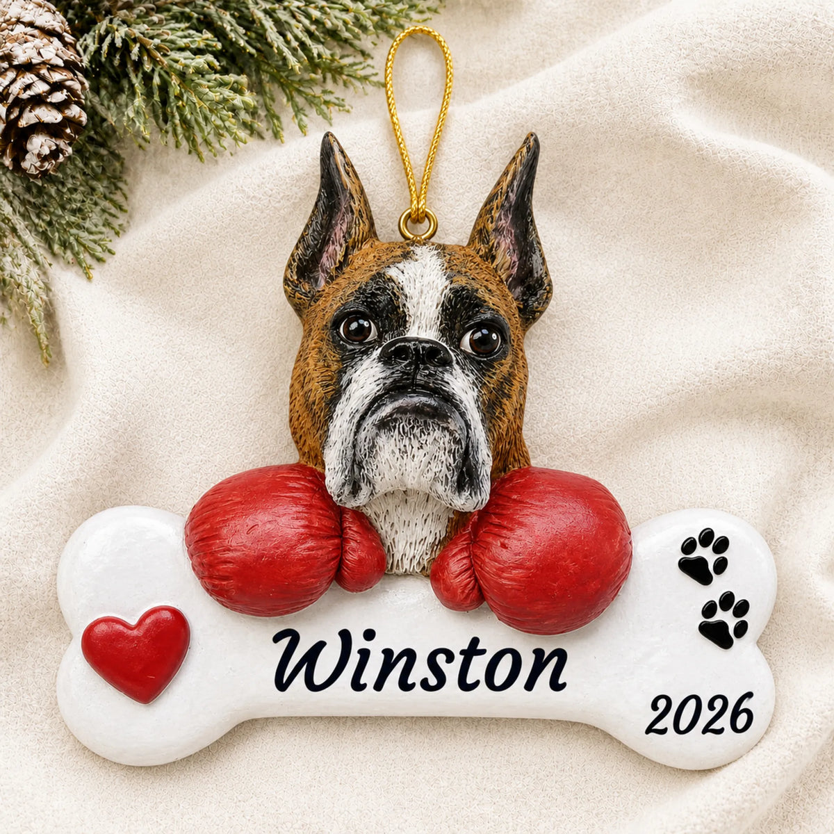 Personalized Boxer Dog Bone christmas ornament laid on a soft white knit blanket