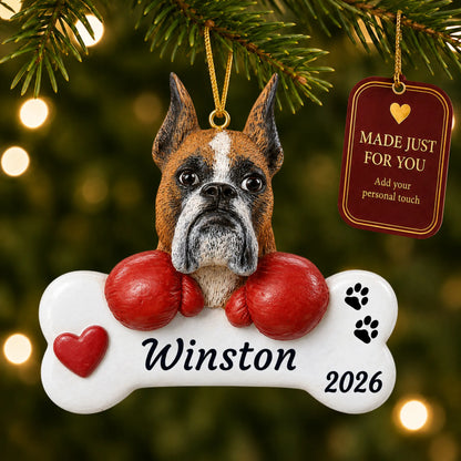 Boxer Dog Bone christmas ornament hanging on a lit Christmas tree with a Made Just For You gift tag