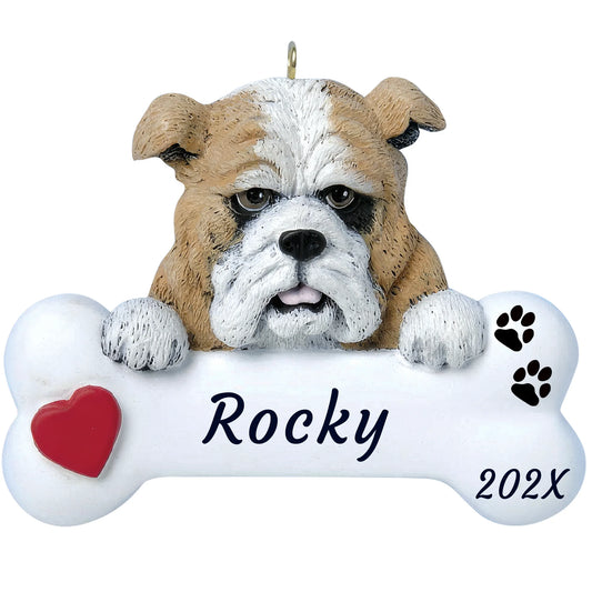 Personalized bulldog dog bone Christmas ornament, a fawn and white English bulldog on a white bone, red heart, name and year
