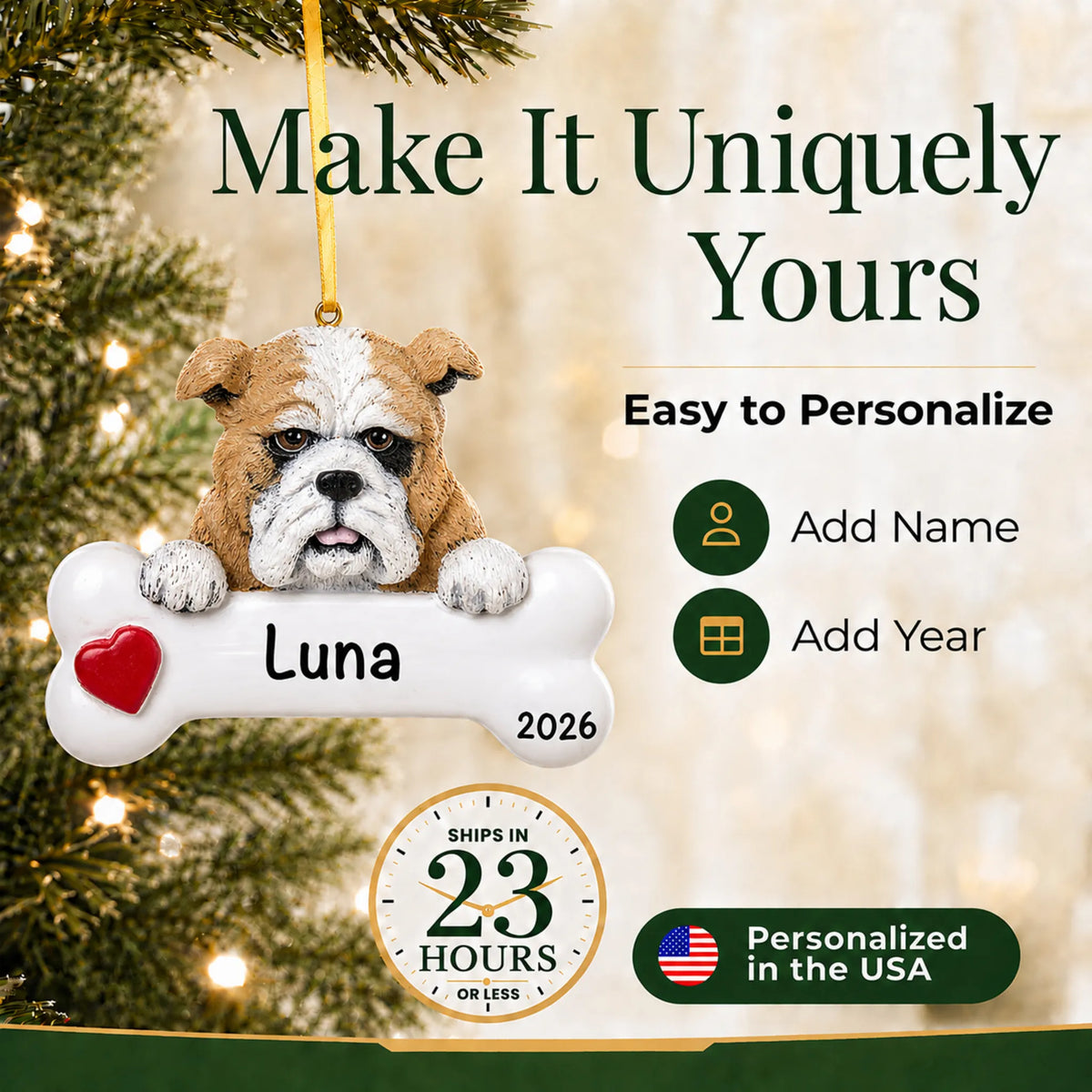 Personalized bulldog Christmas ornament with name and year options, ships in 23 hours, made in the USA