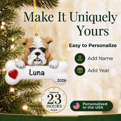 Personalized bulldog Christmas ornament with name and year options, ships in 23 hours, made in the USA