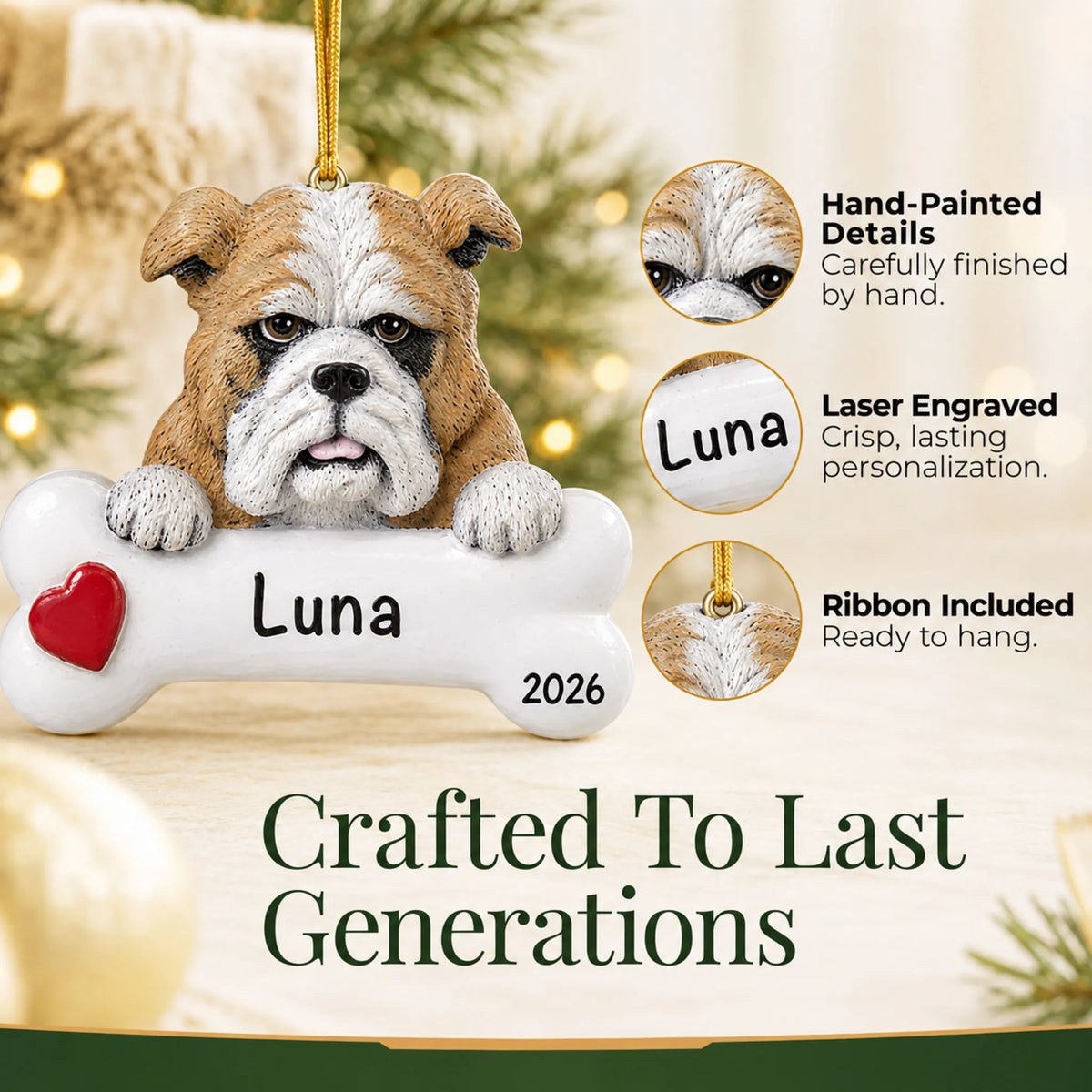 Close-up of the personalized bulldog Christmas ornament showing hand-painted details and laser engraving