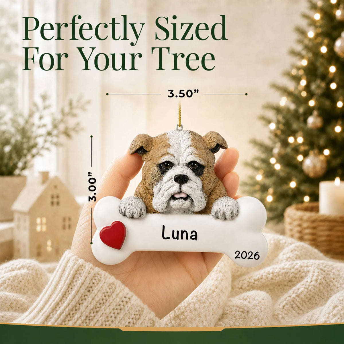 Hand holding the personalized bulldog Christmas ornament to show its 3.50 inch width