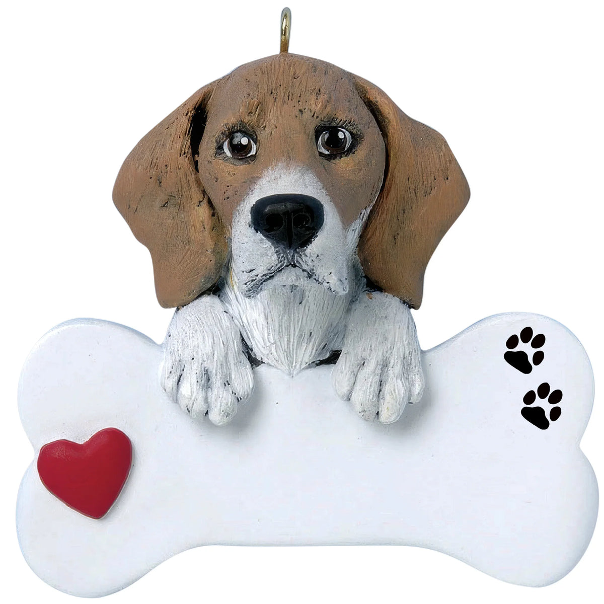 Personalized beagle dog bone Christmas ornament shown blank, ready for your dog's name and year