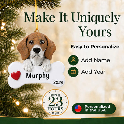 Personalized beagle Christmas ornament with name and year options, ships in 23 hours, made in the USA