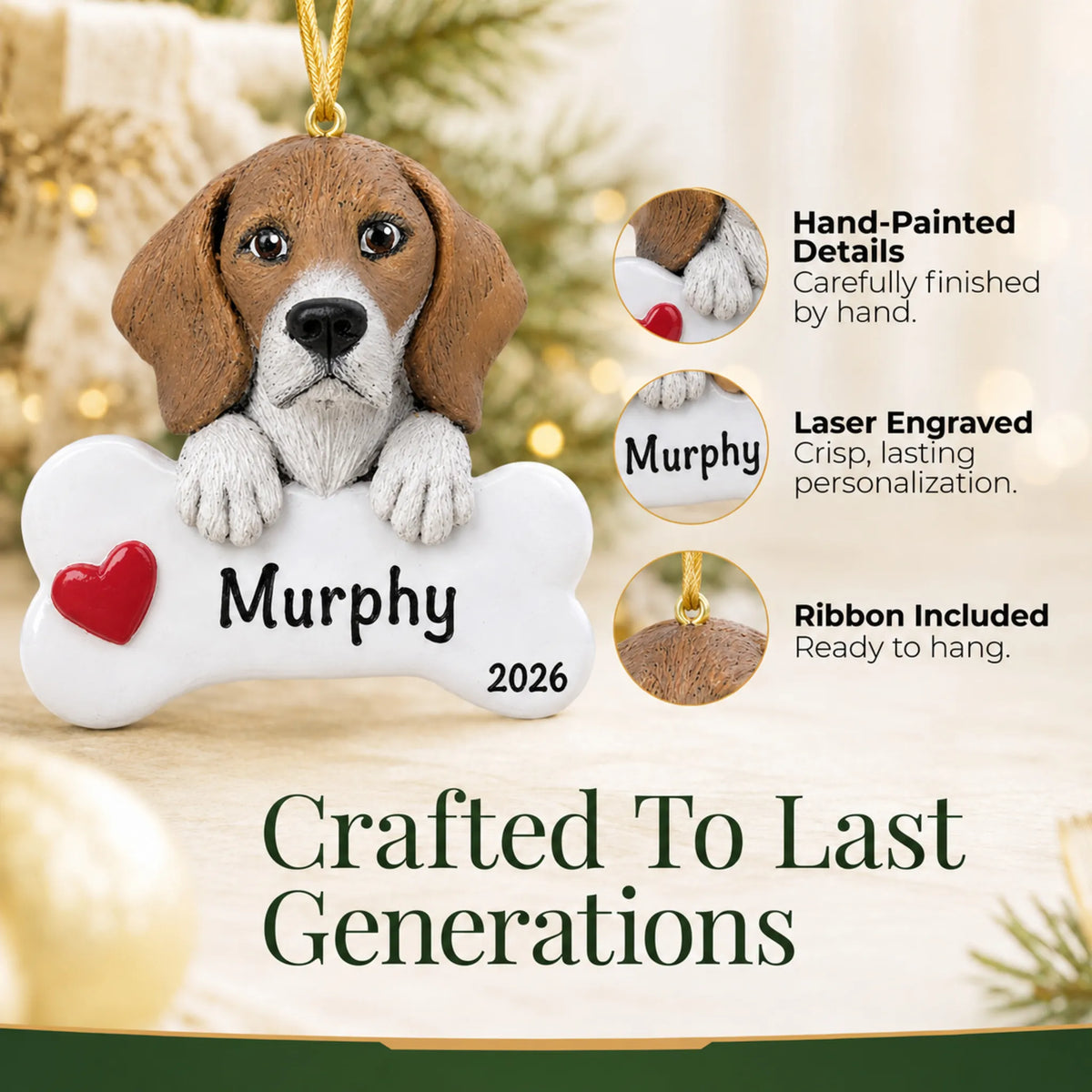Close-up of the personalized beagle Christmas ornament showing hand-painted details and laser engraving