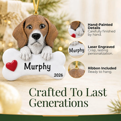 Close-up of the personalized beagle Christmas ornament showing hand-painted details and laser engraving
