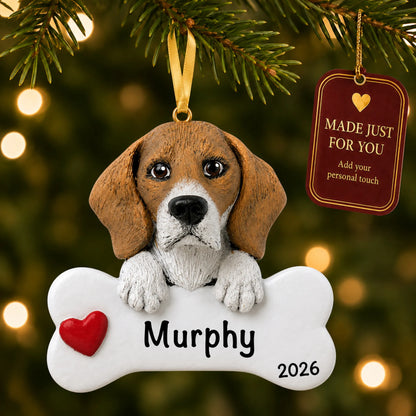 Personalized beagle Christmas ornament hanging on a lit tree beside a Made Just For You tag