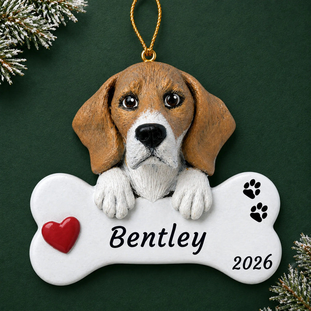 Personalized Beagle Dog Bone christmas ornament on a dark green pine background